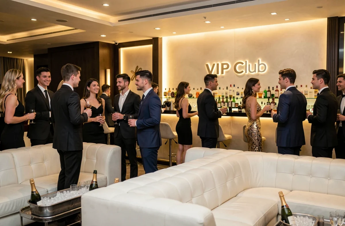 Salon VIP élégant du VIP Club à Lens avec canapés blancs, bouteilles de champagne et ambiance club haut de gamme