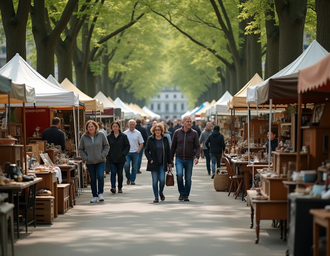 Vue panoramique d'une brocante animée en plein air dans une ville proche de Metz avec exposants et visiteurs