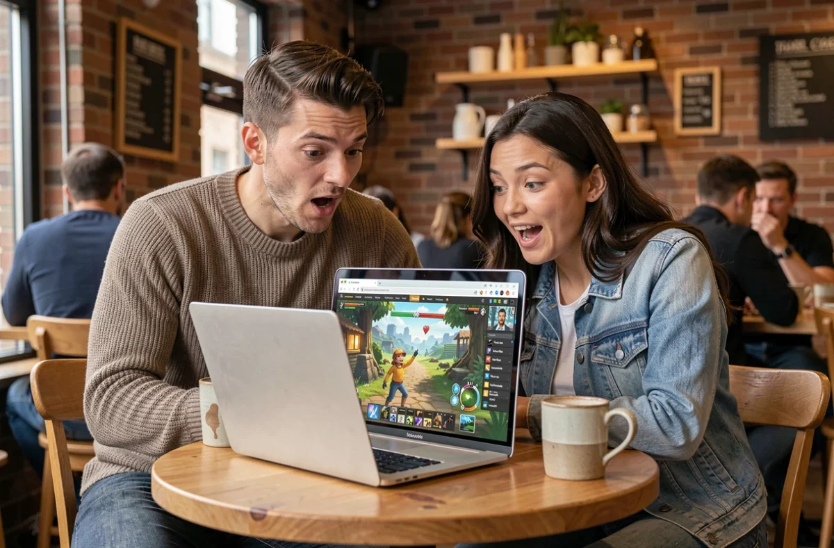 Deux amis découvrant un war game en ligne sur navigateur dans un café urbain