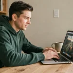 Jeune homme jouant à un war game sur navigateur depuis son bureau à domicile