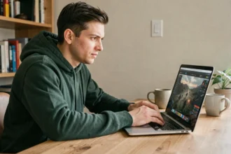 Jeune homme jouant à un war game sur navigateur depuis son bureau à domicile