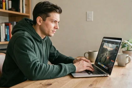Jeune homme jouant à un war game sur navigateur depuis son bureau à domicile