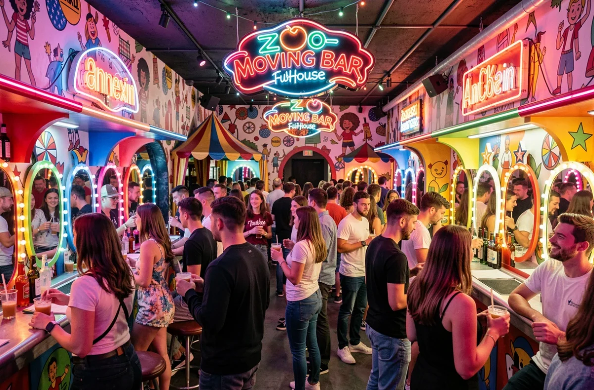 Ambiance loufoque et colorée du Zoo Moving Bar Fun House à Annezin avec décor carnaval et clientèle festive animée